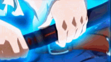 a person is holding a sword with a blue background