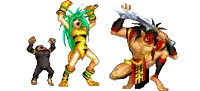 a pixel art drawing of a monkey a woman and a man with a sword