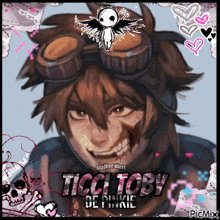 a picture of ticci toby with skulls and hearts