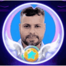 a man with a beard is in a circle with wings and a star in the center