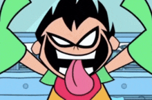 a cartoon character with a pink tongue sticking out of his mouth