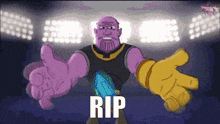 a cartoon of thanos giving a thumbs up with the word rip below him .