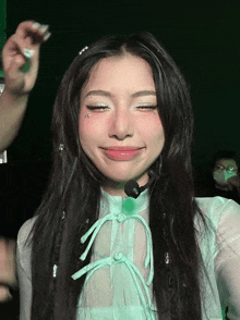 a close up of a woman 's face with a green background .