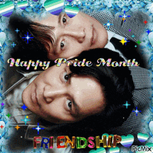 a picture of two men laying next to each other with the words happy pride month friendship on the bottom