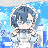 a cartoon of a girl with blue hair wearing a maid costume