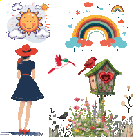 a woman in a blue dress stands in front of a rainbow and a bird house