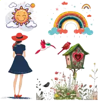 a woman in a blue dress stands in front of a rainbow and a bird house