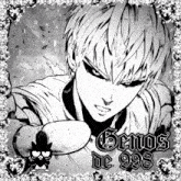 a black and white drawing of a man with the words genos de 998 written below him
