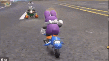a cartoon character is riding a blue motorcycle on a street with the number 6/6 in the corner