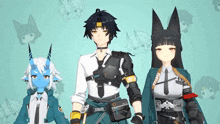 three anime characters are standing next to each other with one of them wearing a badge that says nf3