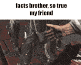 a picture of a robot with the words " facts brother so true my friend " on it