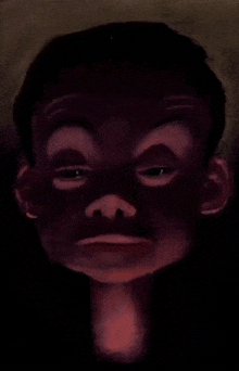 a painting of a child 's face with a very serious look on his face .