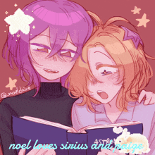 a drawing of a girl reading a book with the words noel loves sinius written on the bottom