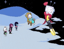 a pixel art drawing of a group of people standing around a cartoon character in a chair