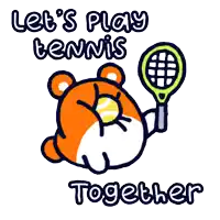 a cartoon of a bear holding a tennis racquet and a tennis ball with the words let 's play tennis together below it