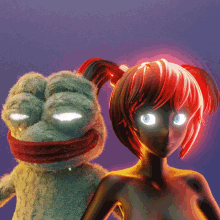 a stuffed frog and a naked girl with red hair