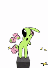 a cartoon drawing of a green and pink character