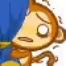 a close up of a cartoon character 's face with a blue sky in the background