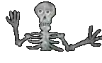 a pixel art drawing of a skeleton waving his hands .
