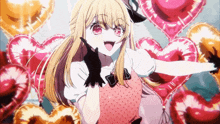 a blonde anime girl is surrounded by balloons in the shape of hearts