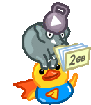 a cartoon duck is sitting on top of an elephant that is holding a 2gb card .