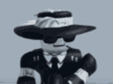 a roblox character wearing a hat and sunglasses is sitting down .