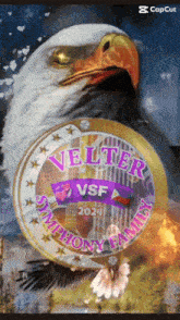 a bald eagle is holding a coin that says velter vsf