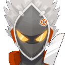 a pixel art illustration of a knight holding a knife and wearing a helmet .