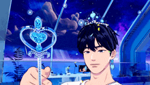 a man with a tiara on his head is holding a tiara in his hand