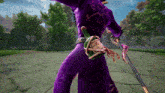 a person in a purple costume with a green bottle in their back pocket