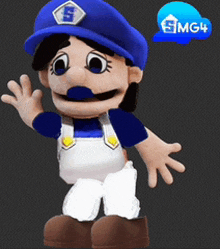 a stuffed mario wearing a blue hat and white overalls is waving .