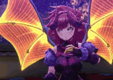 a purple and yellow anime character with wings