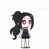 a girl with black hair and pink eyes is surrounded by confetti and the watermark kinemaster