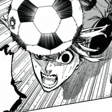 a black and white drawing of a person holding a soccer ball on their head