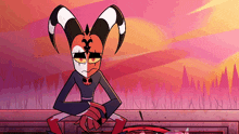 a cartoon character with horns is sitting on a ledge looking at something .