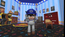 a video game character standing in a room with a pong machine in the background