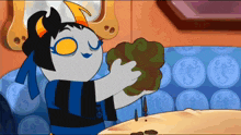 a cartoon character is holding a large green object in her hands