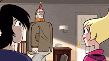 a cartoon character with a party hat on his head is standing next to a woman