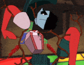 a cartoon character is surrounded by branches and has a box in her chest