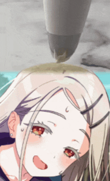 a close up of a girl 's head with a pen on it