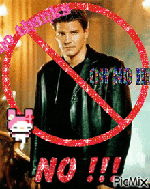 a picture of a man with a red circle around him that says no thanks oh no !!