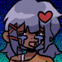 a cartoon of a girl with a heart on her head and tears coming out of her eyes .