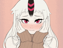 a drawing of a girl with white hair and red eyes covering her face with her hands