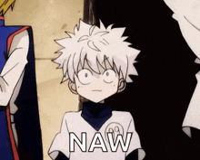 a cartoon character with white hair is standing in front of a wall and says naw .