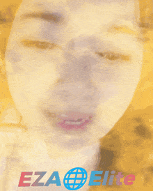 a close up of a woman 's face with the words eza elite behind her