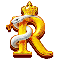 a gold letter r with a white snake and a crown on top