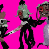 a couple of cartoon characters are standing next to each other on a pink background .