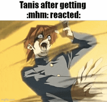 a cartoon of a man with his mouth open and the words " tanis after getting mhm reacted " on the bottom
