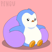 a cartoon penguin is sitting on a purple pillow with the word pengu on the bottom