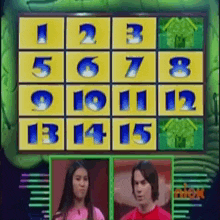 a man and a woman are standing next to each other in front of a board with numbers .